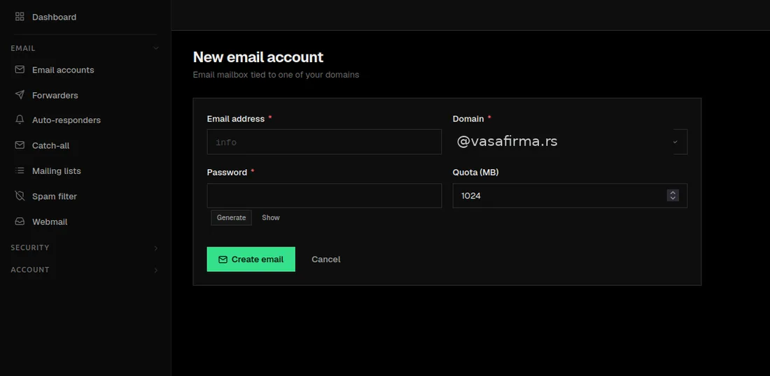 LimaPanel - otvaranje e-mail naloga na vašem domenu